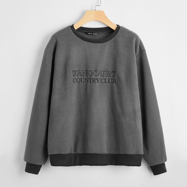 

Drop Shoulder Embroidered Letter Pullover, Grey