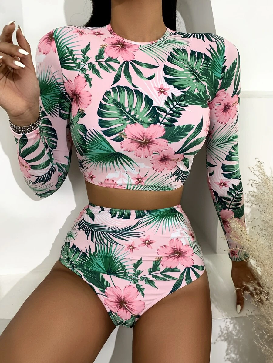 Swim SPRTY Summer Beach Tropical & Floral High Waisted Rashguard With Long Sleeve Swim Shirt - Multicolor - View 1