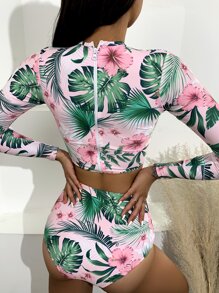 Swim SPRTY Summer Beach Tropical & Floral High Waisted Rashguard With Long Sleeve Swim Shirt - Multicolor - View 2