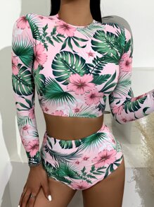Swim SPRTY Summer Beach Tropical & Floral High Waisted Rashguard With Long Sleeve Swim Shirt - Multicolor - View 3