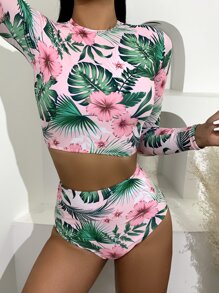 Swim SPRTY Summer Beach Tropical & Floral High Waisted Rashguard With Long Sleeve Swim Shirt - Multicolor - View 4