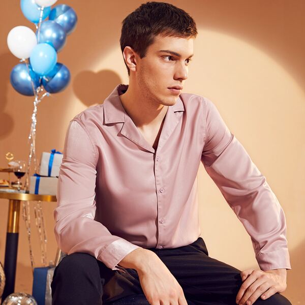 

Men Solid Button Front Satin Shirt, Dusty pink