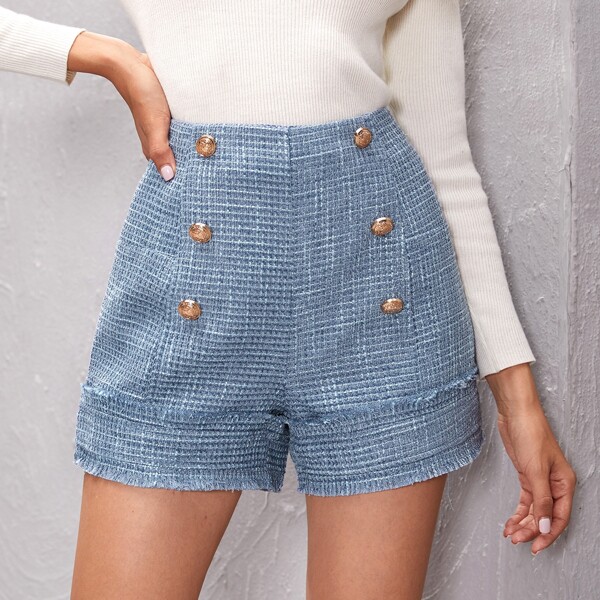 

Zipper Side Gold Button Detail Tweed Shorts, Blue