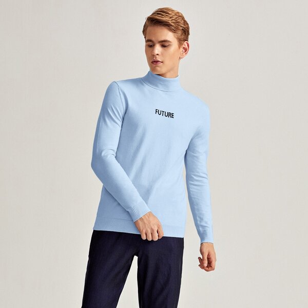 

Men Rolled Neck Letter Pattern Sweater, Pastel baby blue