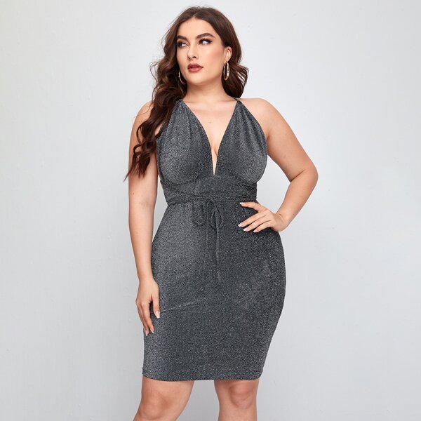 

Plus Knot Front Glitter Cami Bodycon Dress, Dark grey
