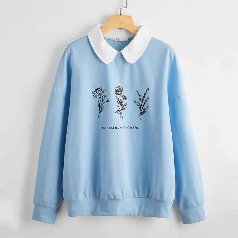 

Contrast Collar Slogan Graphic Sweatshirt, Baby blue