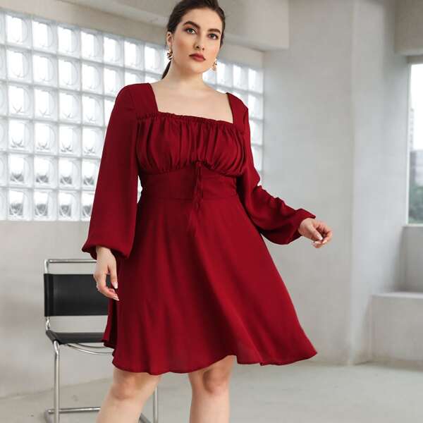 

Plus Solid Lantern Sleeve Ruched Bust Dress, Burgundy
