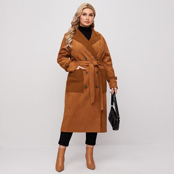

Plus Double Breasted Belted Suede Coat, Brown