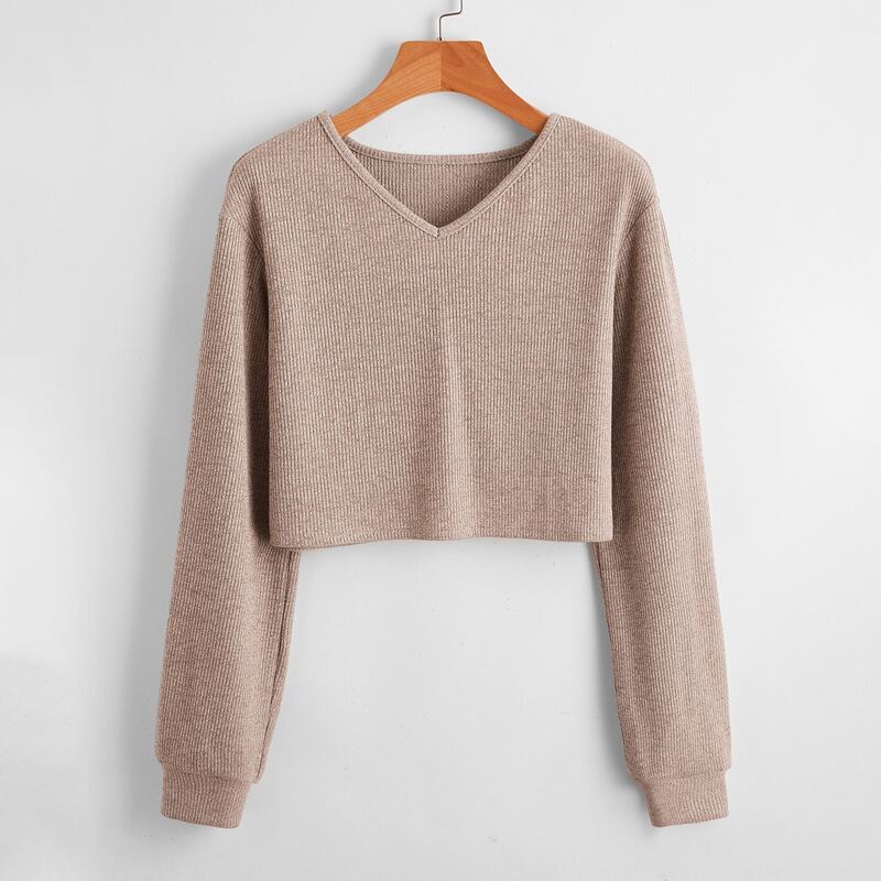 

V Neck Rib Knit Sweater, Khaki