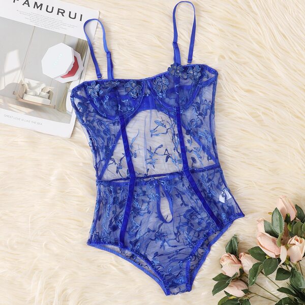 

Floral Embroidery Mesh Teddy Bodysuit, Blue