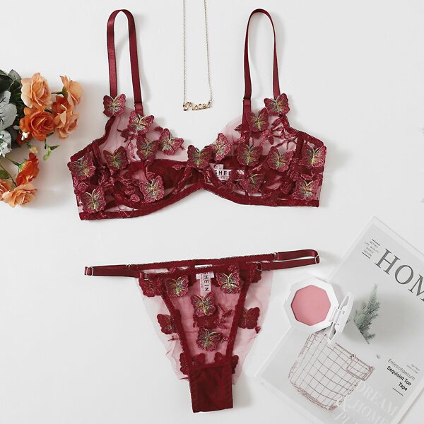 

Butterfly Appliques Embroidery Mesh Underwire Lingerie Set, Burgundy