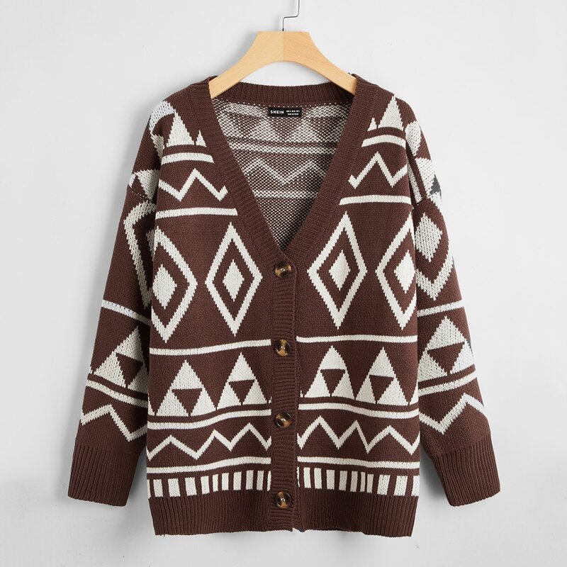 

Button Front Drop Shoulder Argyle Cardigan, Multicolor