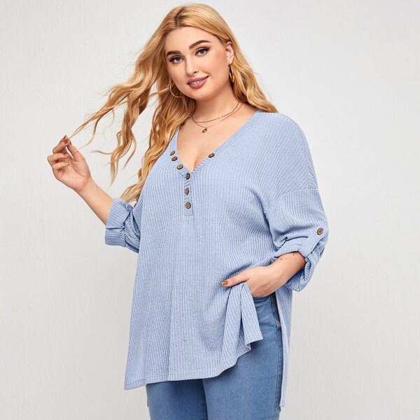 

Plus Button Front Split Hem Tee, Pastel baby blue