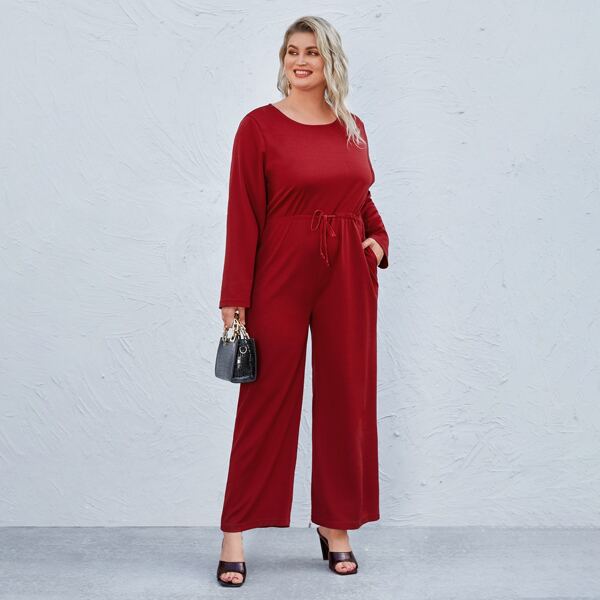 

Plus Drawstring Waist Pocket Tee Jumpsuit, Red