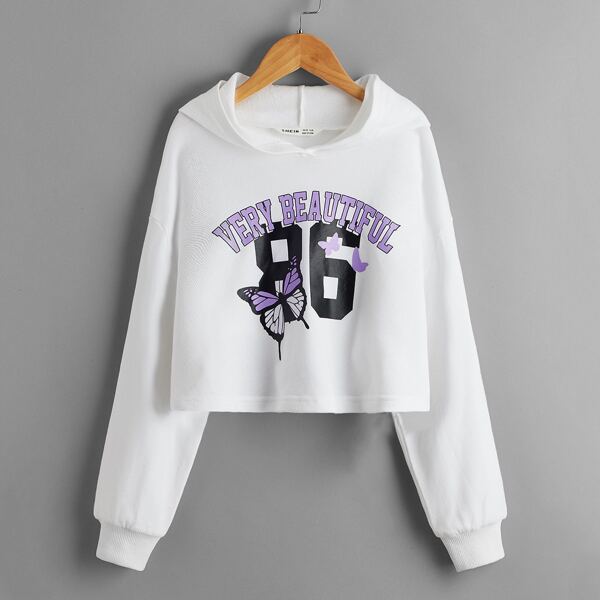 

Girls Drop Shoulder Butterfly & Letter Graphic Hoodie, White