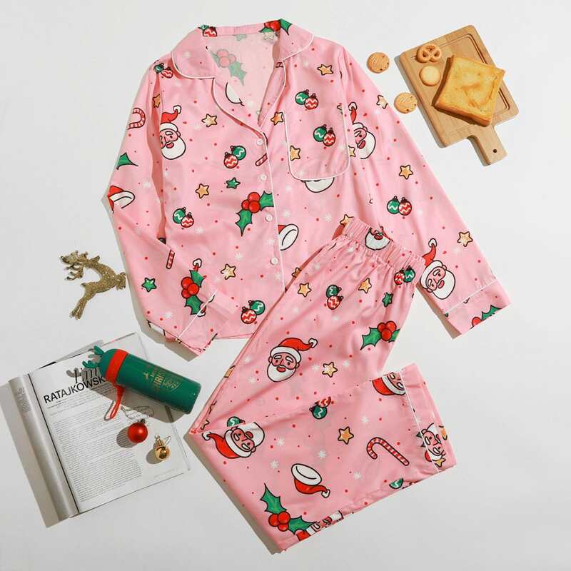 

Satin Christmas Santa Claus Print PJ Set, Pink