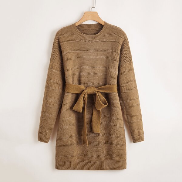 

Plus Self Tie Drop Shoulder Longline Sweater, Mocha brown