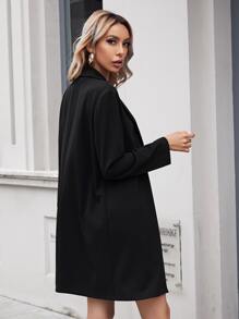 SHEIN Privé Open Front Longline Blazer, Winter, Business Casual, Elegant, Black - Black - View 2