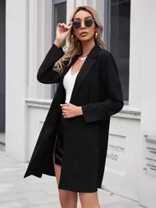 SHEIN Privé Open Front Longline Blazer, Winter, Business Casual, Elegant, Black - Black - View 5