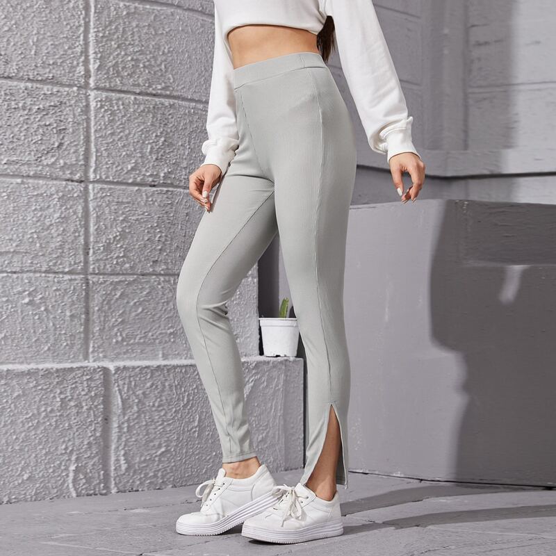 

Split Hem High Waist Solid Leggings, Light grey