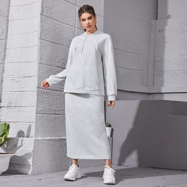 

Kangaroo Pocket Drawstring Hoodie & Split Hem Skirt, Light grey