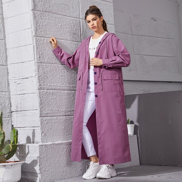 

Button Front Drawstring Waist Hooded Trench Coat, Purple