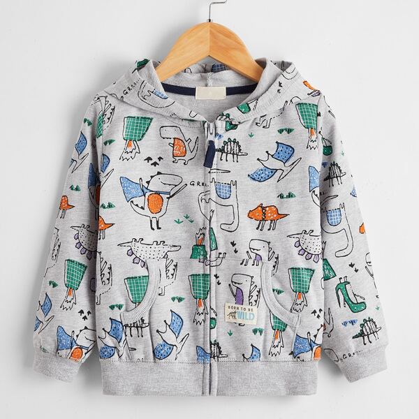 

Toddler Boys Cartoon Graphic Zip Up Hooded Jacket, Grey