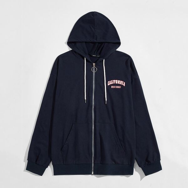 

Men O-zipper Front Letter Graphic Hooded Sweatshirt, Navy blue