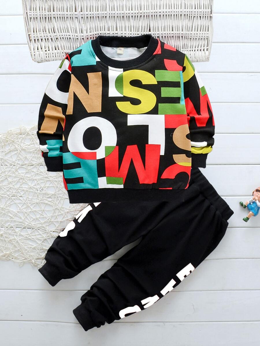 SHEIN 男童字母圖形運動衫和慢跑褲 - 彩色 - 查看 1