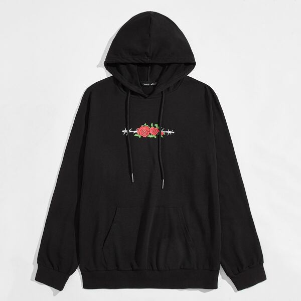 

Men Floral Print Patch Pocket Drawstring Hoodie, Black