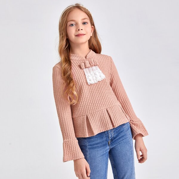 

Girls Contrast Embroidery Mesh Detail Flounce Sleeve Peplum Pullover, Baby pink
