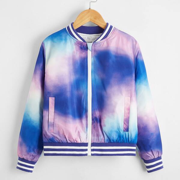 

Boys Tie Dye Striped Trim Bomber Jacket, Multicolor