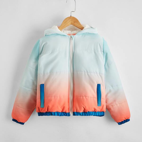 

Girls Ombre Zipper Up Hooded Puffer Jacket, Multicolor
