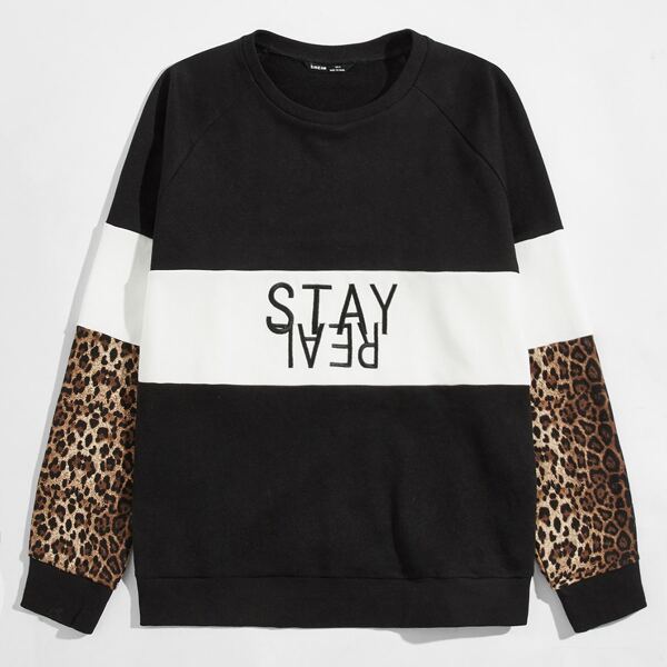 

Men Embroidery Letter Leopard Panel Colorblock Pullover, Multicolor