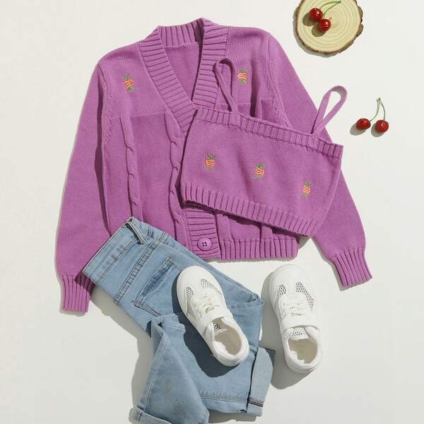 

Girls Embroidery Detail Cable Knit Cardigan With Sweater Vest, Purple