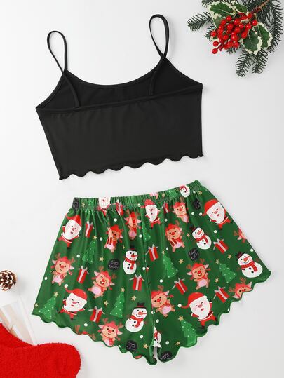 Christmas & Letter Graphic Bow Detail Cami PJ Set