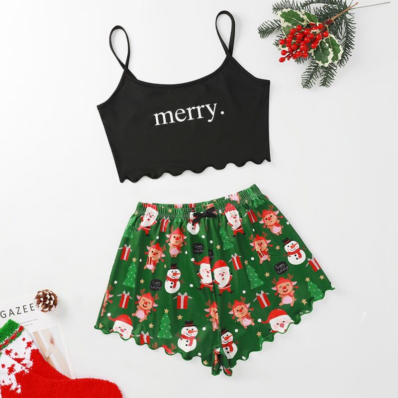 

Christmas & Letter Graphic Bow Detail Cami PJ Set, Multicolor