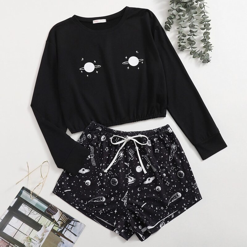 

Cartoon Galaxy Print Shorts PJ Set, Black