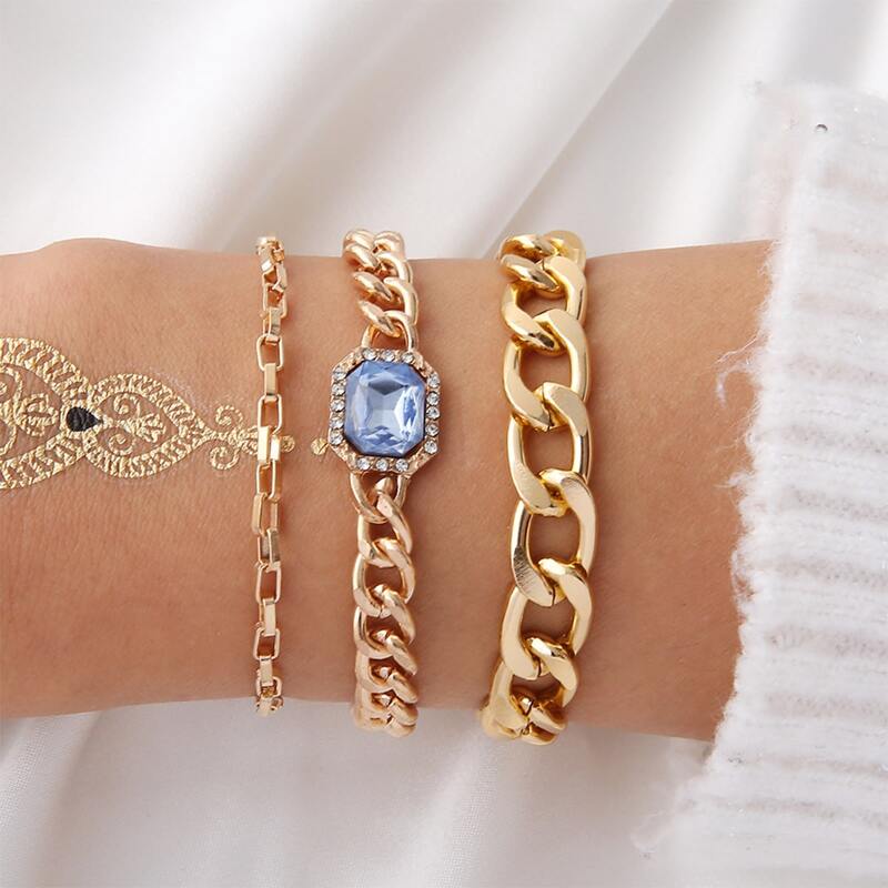 

3pcs Rhinestone Decor Chain Bracelet, Gold