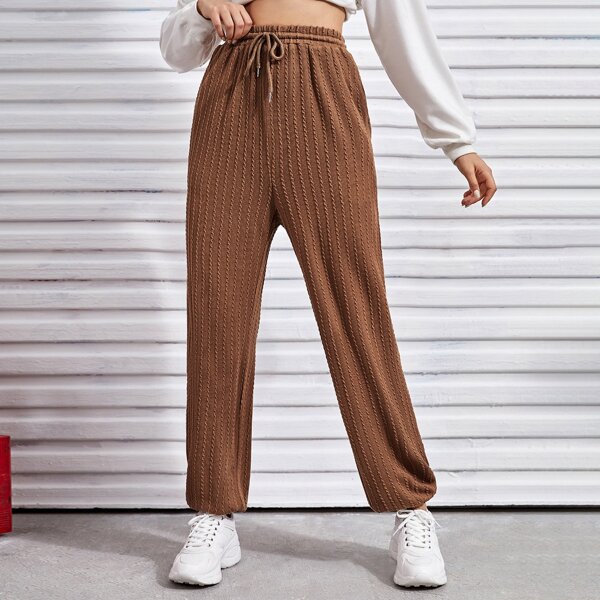 

Drawstring Waist Textured Pants, Coffee brown
