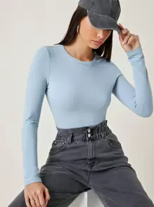 SHEIN BASICS Camiseta algodón unicolor forma ajustada - Celeste - Ver 1