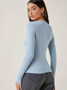SHEIN BASICS Camiseta algodón unicolor forma ajustada - Celeste - Ver 2