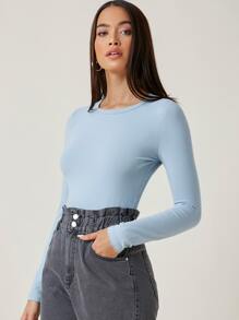 SHEIN BASICS Camiseta algodón unicolor forma ajustada - Celeste - Ver 3