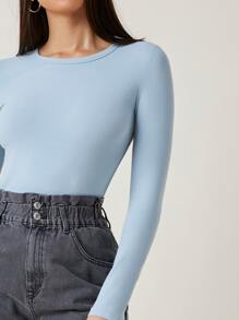 SHEIN BASICS Camiseta algodón unicolor forma ajustada - Celeste - Ver 4