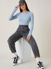 SHEIN BASICS Camiseta algodón unicolor forma ajustada - Celeste - Ver 5