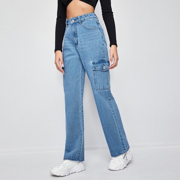 

High Waisted Flap Pocket Straight Leg Jeans, Light wash
