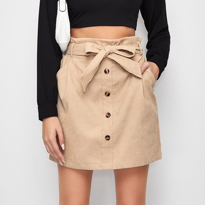 

Paperbag Waist Buttoned Front Cord Skirt, Apricot