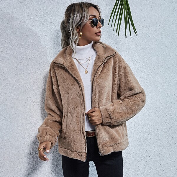 

Drop Shoulder Zip Up Fuzzy Coat, Mocha brown