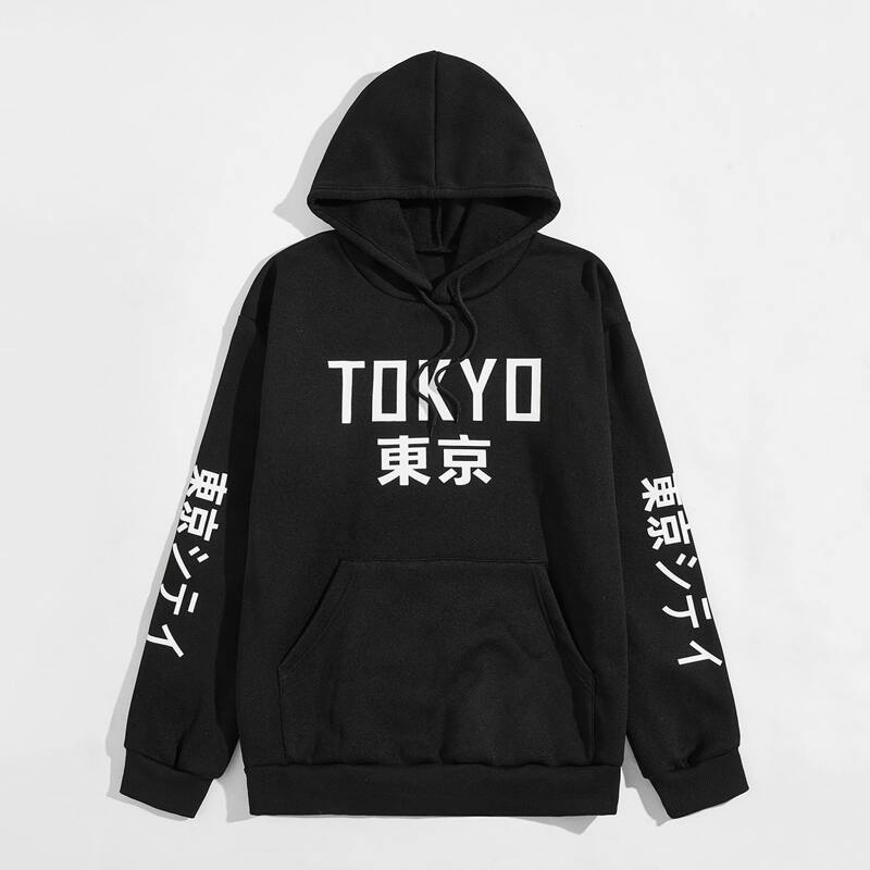 

Guys Kangaroo Pocket Letter Graphic Hoodie, Black