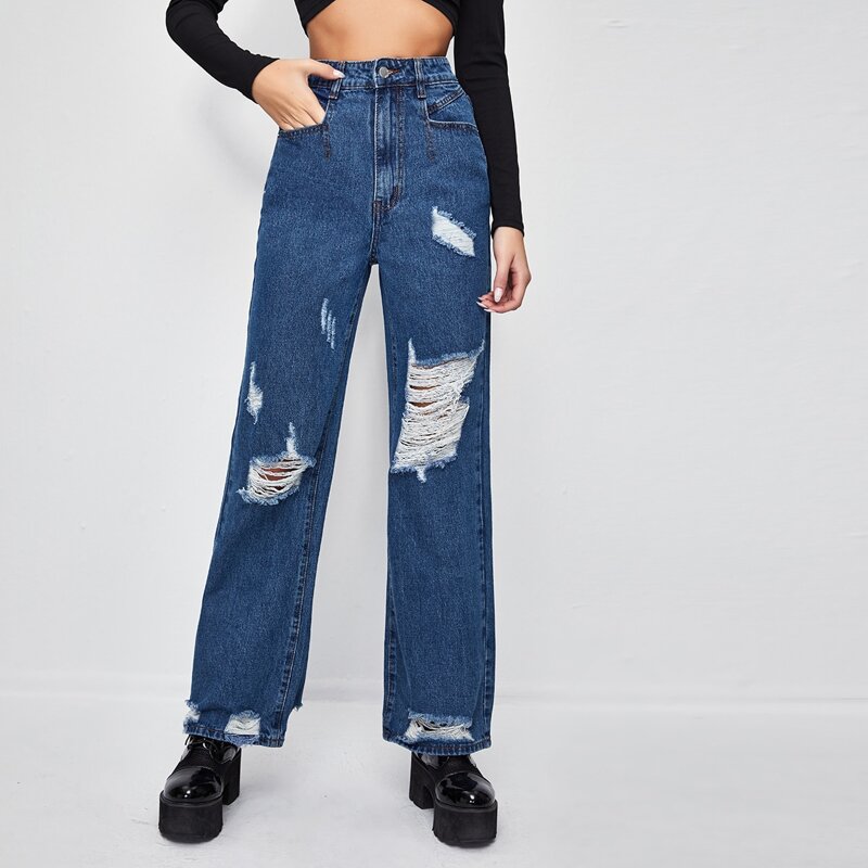 

High Waist Ripped Straight Leg Jeans, Medium wash